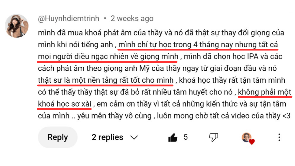 Bình luận học viên chia sẻ giọng nói thay đổi sau 4 tháng tự học