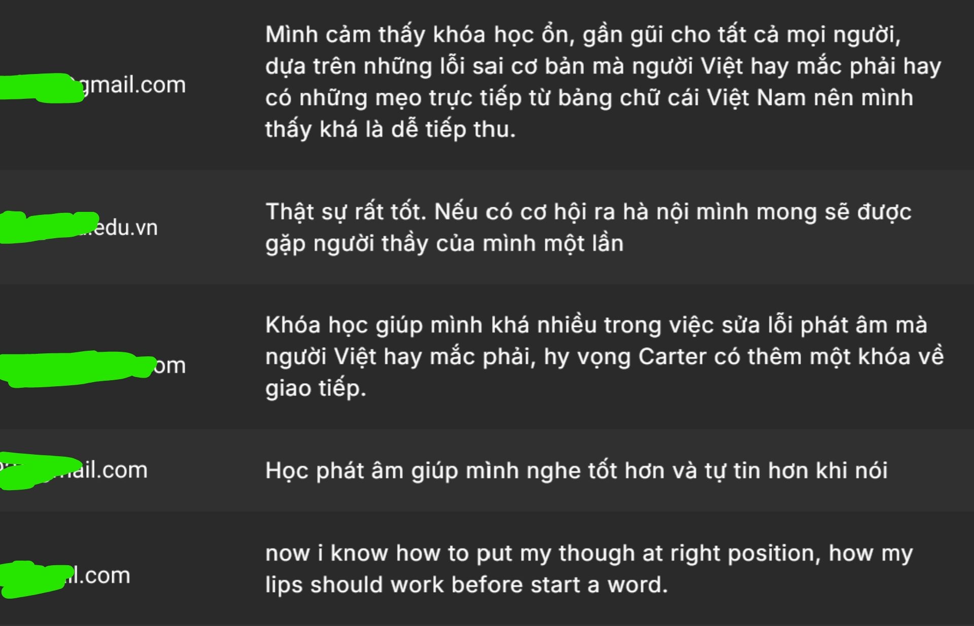 Tổng hợp đánh giá của học viên về khóa học phát âm